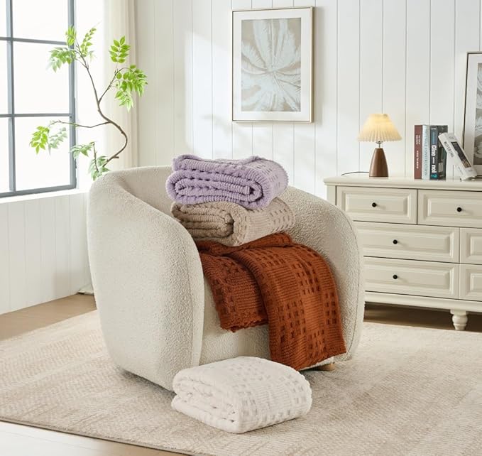 50x70 Inch Waffle Beige Throw Blanket -Fluffy Fleece, Neutral Tan Color - Image 6