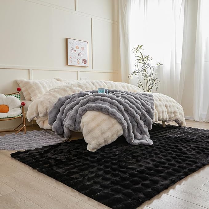 Black Rabbit Plush Rug 5'x8', Fluffy Faux Fur Shaggy Area Rug - Image 4