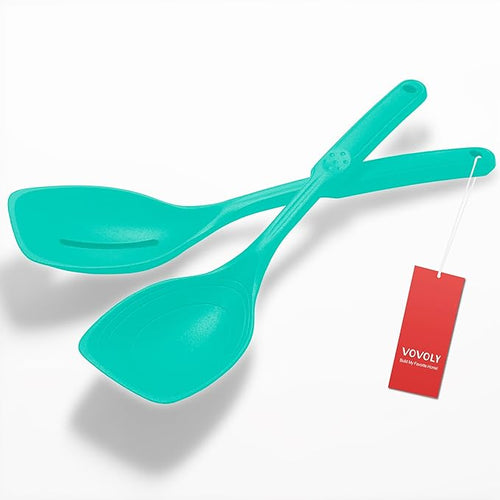 2 Pack Large Silicone Cooking Spoons set, Non-Stick Slotted/Solid Spoon set by VOVOLY