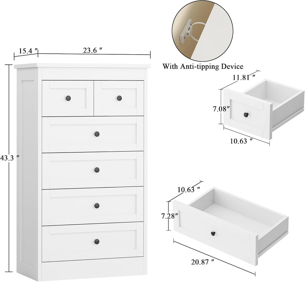 wanan Tall 6 Drawer Dresser for Bedroom, White Modern 43.3'' Tall Woo...