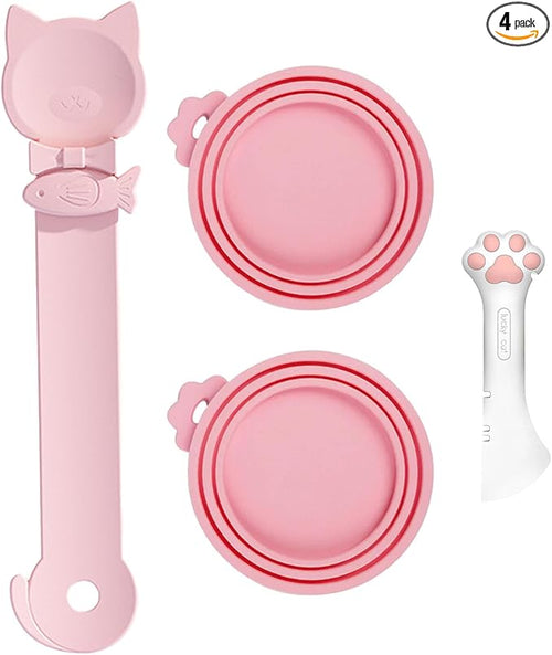 4pcs gray Pet Food Can Supplies Set，Silicone Cat Dog Food Can Lids Spoons by chuyouan