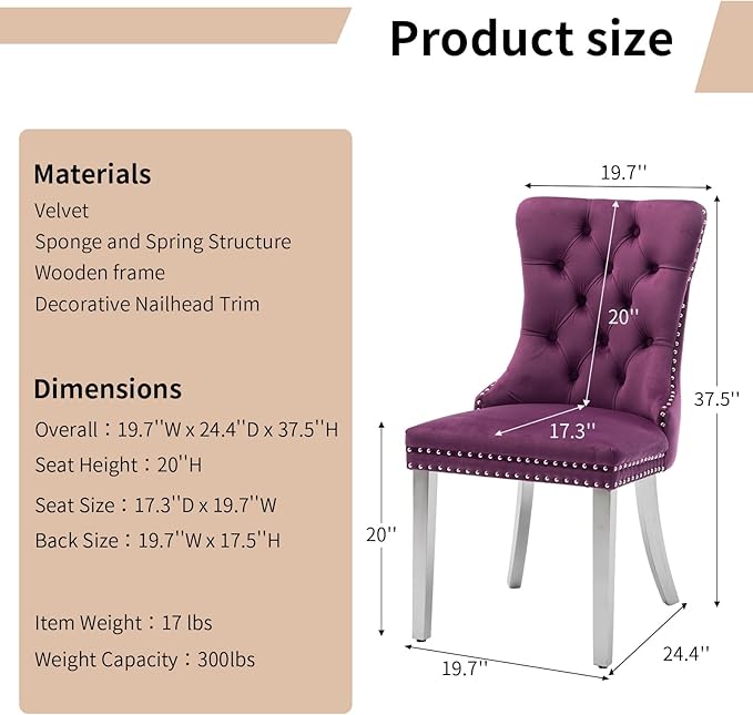 Luxury Upholstered Dining Chairs Set of 6, Purple Kitchen Chair with Silver M...