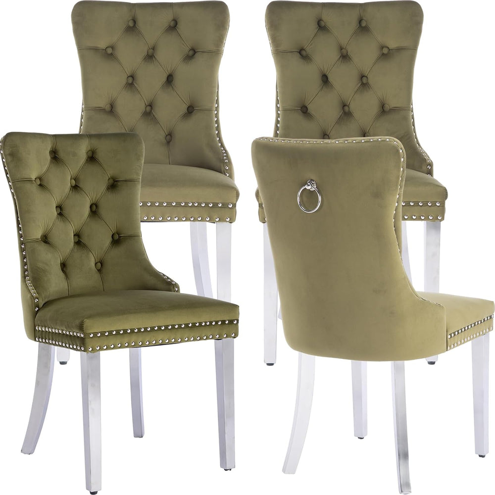 Mid Century Modern Dining Chairs Set of 4, Olive Velvet Upholstered Tufted Ba...