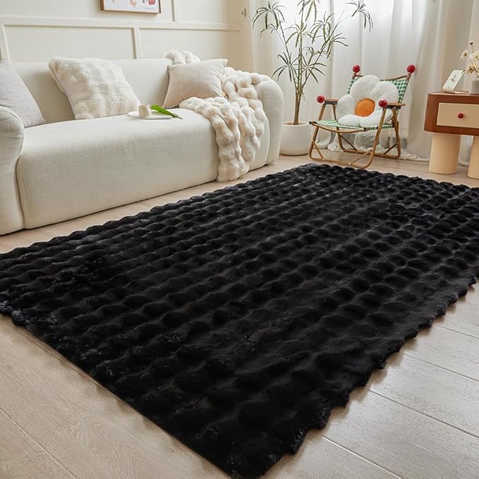 Black Rabbit Plush Rug 5'x8', Fluffy Faux Fur Shaggy Area Rug - Image 2