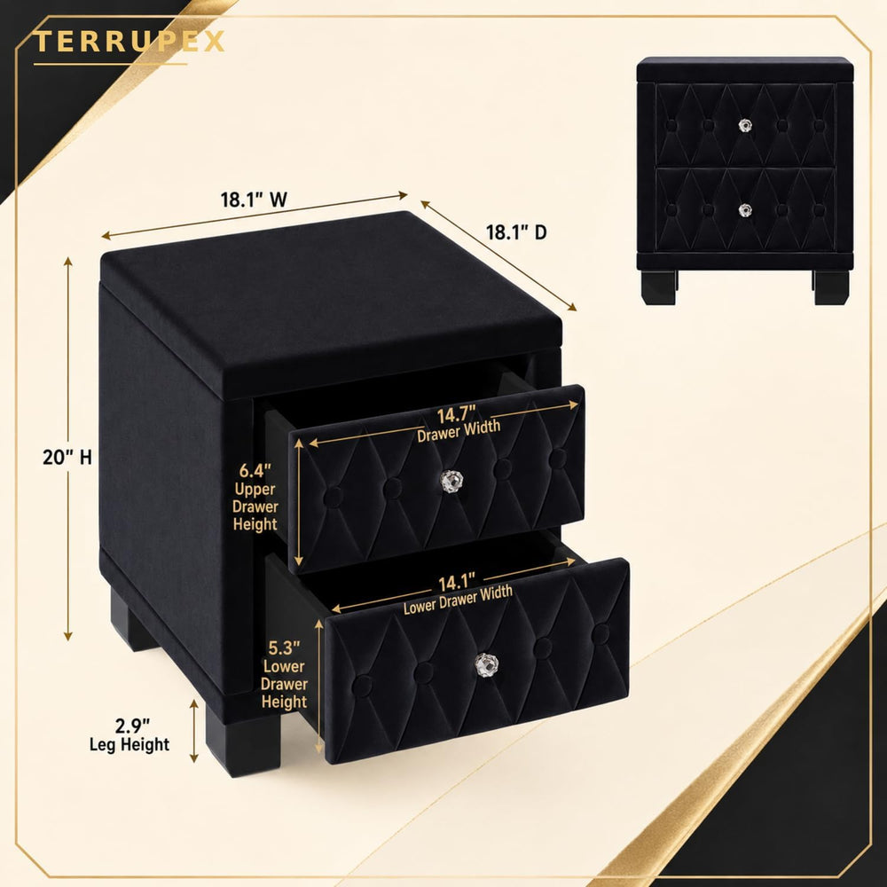 Bedside Table Nightstand with 2 Drawers, Velvet Button-Tufted Night Stand wit...