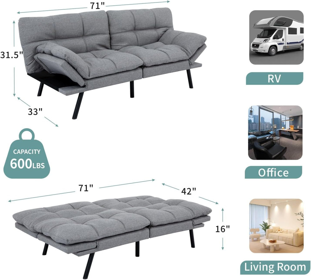 MUUEGM 71" Futon Sofa Bed with Memory Foam,Futon Couch with Adjust Backr...