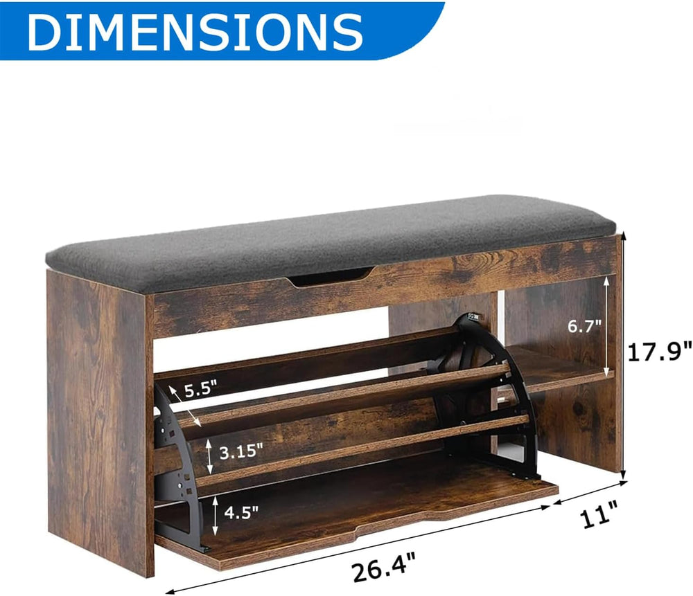 Shoe Storage Bench with a Flip Drawer, Entryway Bench with Removable Cushion,...