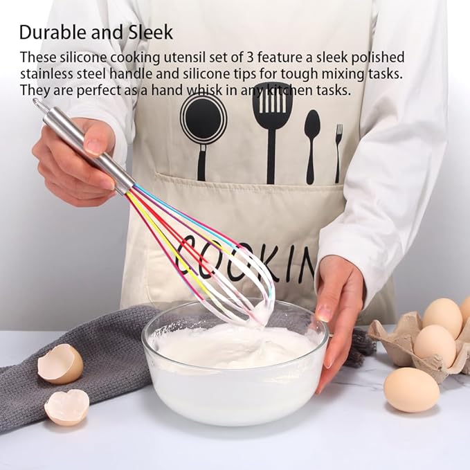 Silicone Whisk set of 3, 8+10+12in Kitchen Balloon Wire Whisks, Hand Egg Mixer - Image 4