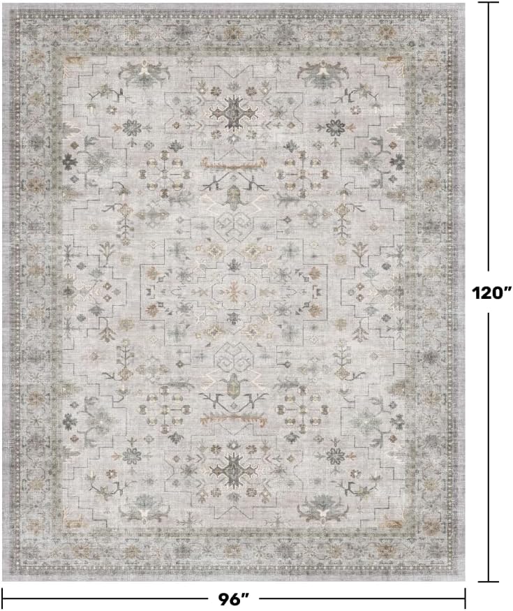 Light Gray & Sage Living Room Rug 8x10 - Washable Boho Low Pile Large Are...