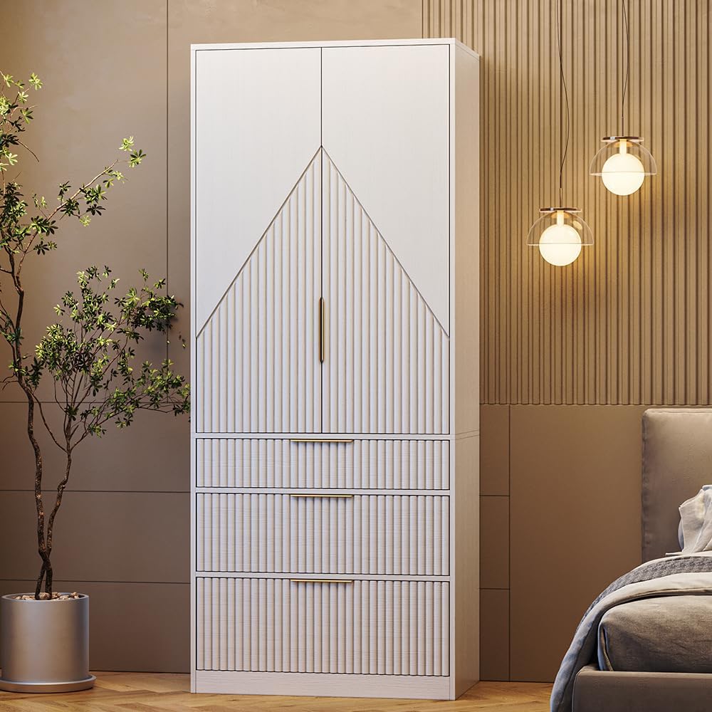 TOKSOM 70" Wardrobe Armoire Wooden Closet with 2 Doors and 3 Drawers, Be...