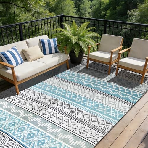 Outdoor Rug 8 x10 ft, Plastic Rug for Patio, Blue & Grey