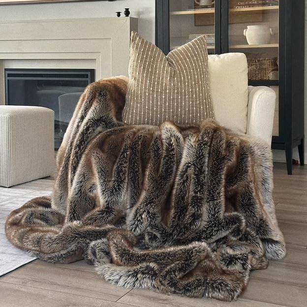 Battilo Large Brown Faux Fur Throw Blanket For Bed, 60"x80", Elegant