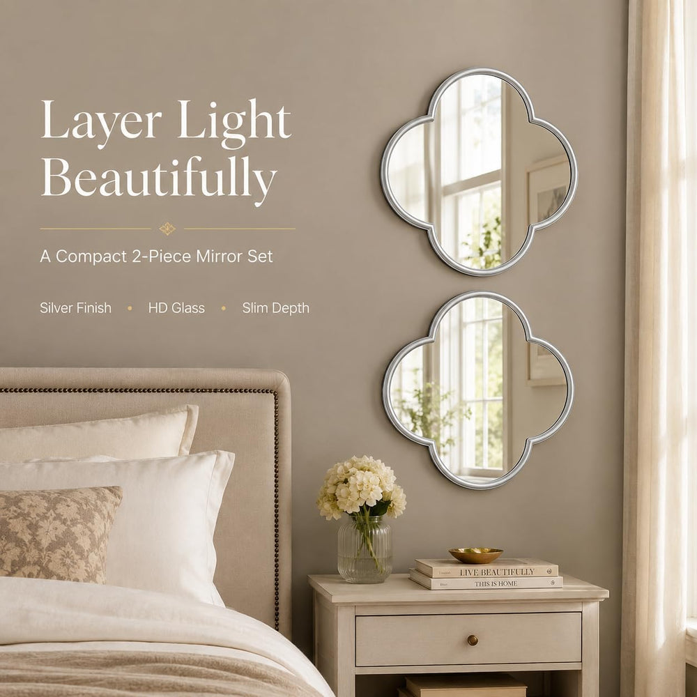 Glass Clover Mirror Set of 2, Non-Distortion Wall Decor Mirrors with Metal Ed...