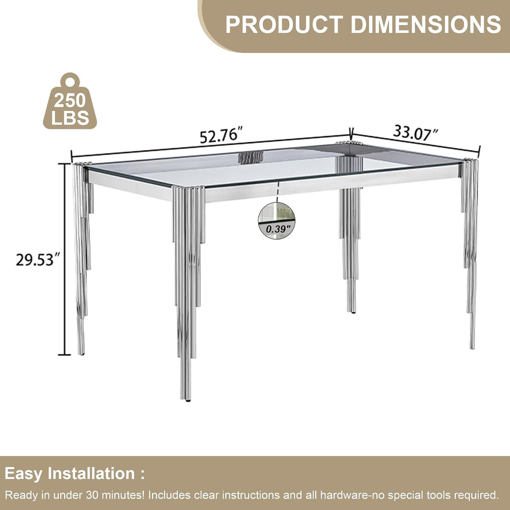 Modern Rectangle Glass Dining Table for 4-6 People, 53" Clear Tempered G...