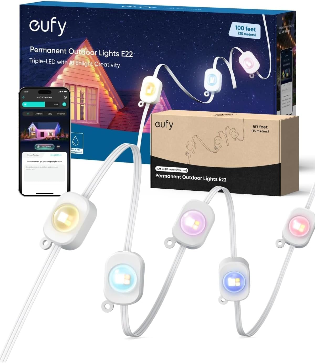 eufy Permanent Outdoor Lights E22, 100ft+ 50ft kit (Total 150ft) with 90 Triple-LED Lights, Smart RGBWW, Up to IP67 Waterproof, AI Lighting Themes for Halloween, Christmas, Links with Cameras, White