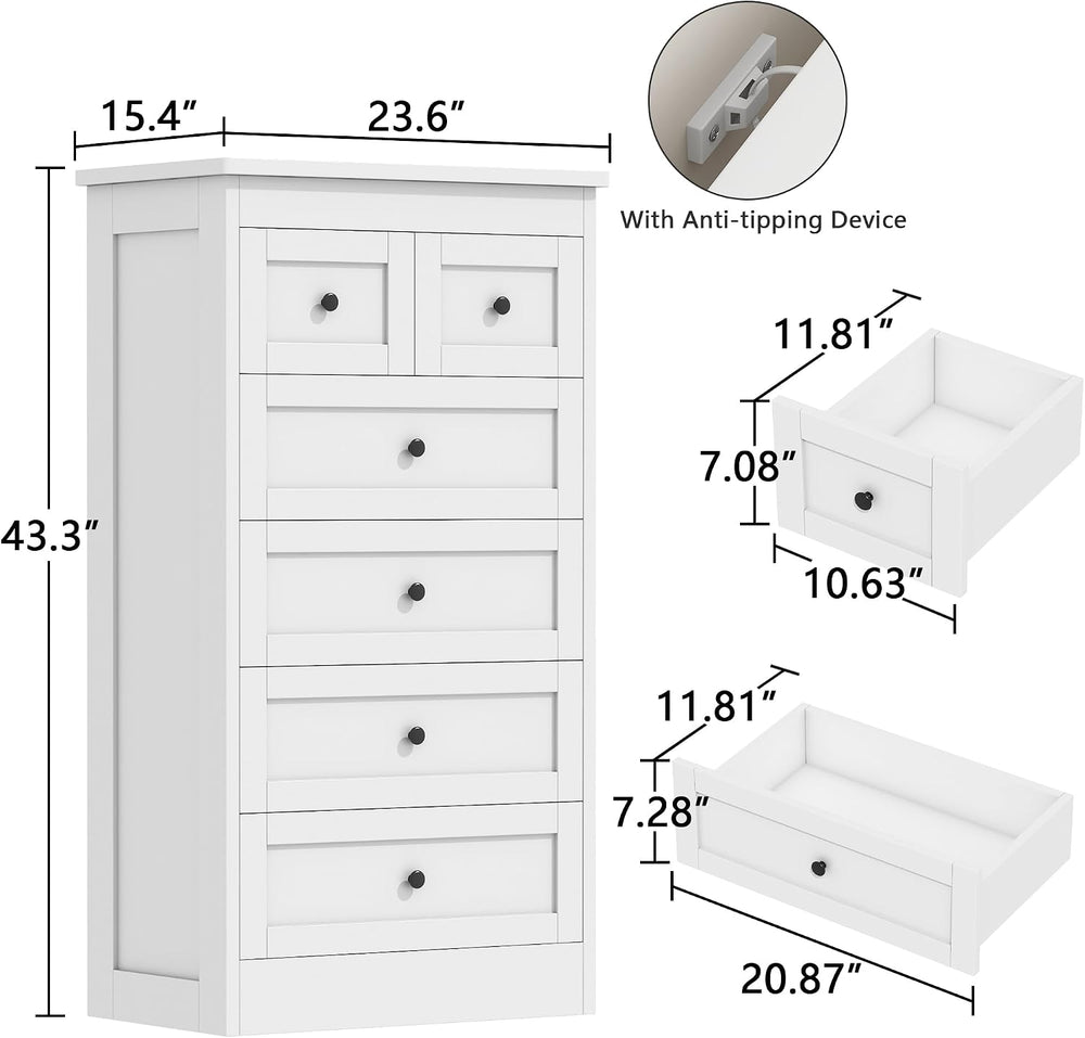 Pipleo White Drawer Dresser for Bedroom, Modern 6 Tall Chest of Drawers, Wood...