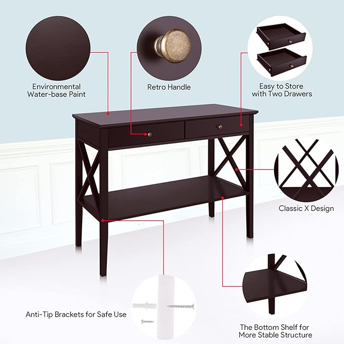 ChooChoo Console Table with Drawers, Narrow Wood Accent Sofa Table Entryway T...