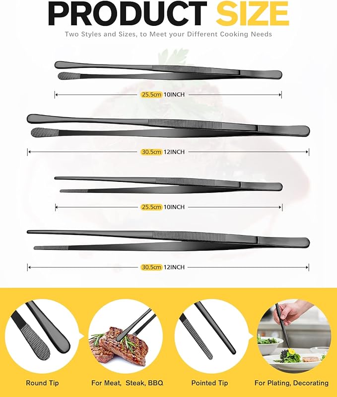 4 Pcs Fine Long Tweezer Tongs Professional Black, Sea food and BBQ - Image 4