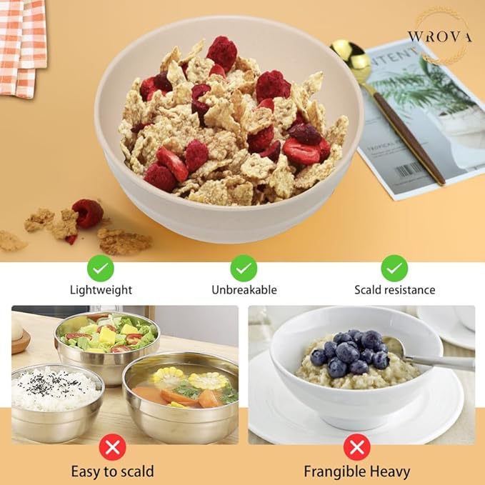 Wrova Wheat Straw Bowls Set 60 OZ, Unbreakable Large Beige Bowls Set of 6 - Image 5