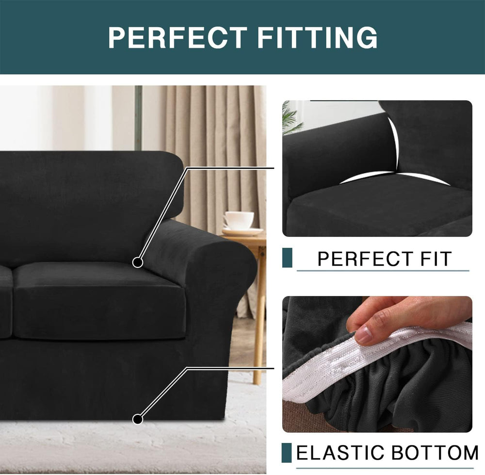 FantasDecor 4 Piece Sofa Velvet Couch Covers for 3 Cushion Stretch Slipcover ...