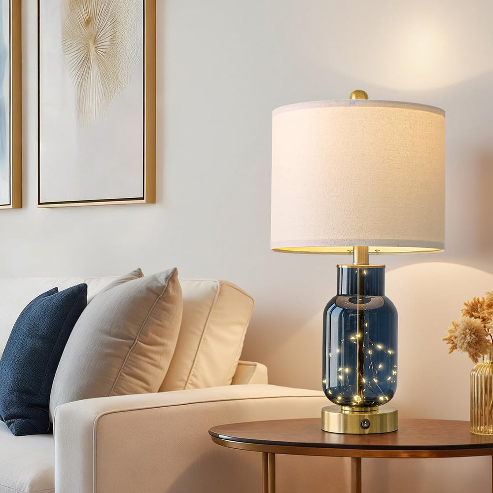 22" Glass Table Lamps Set of 2 with LED Nightlight for Bedroom, Blue