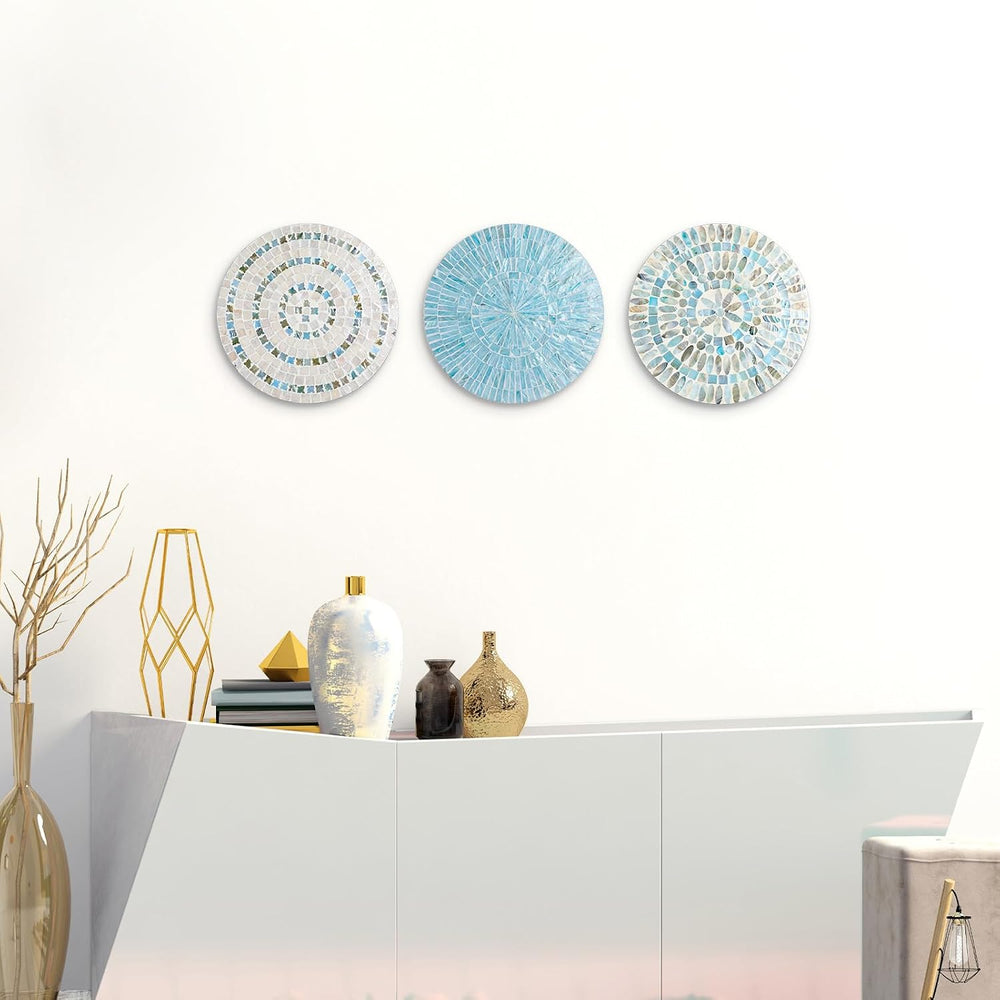 Tioncy 3 Pcs 11.8'' Blue Mother of Pearl Shell Plate Coastal Wall Art