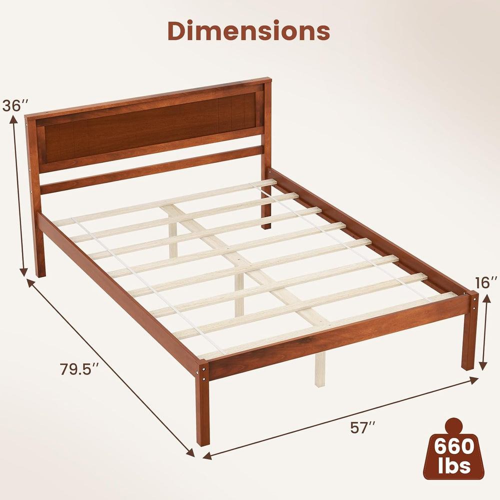 KOMFOTT Full Size Wood Platform Bed Frame with Headboard, Solid Wood Bed Fram...