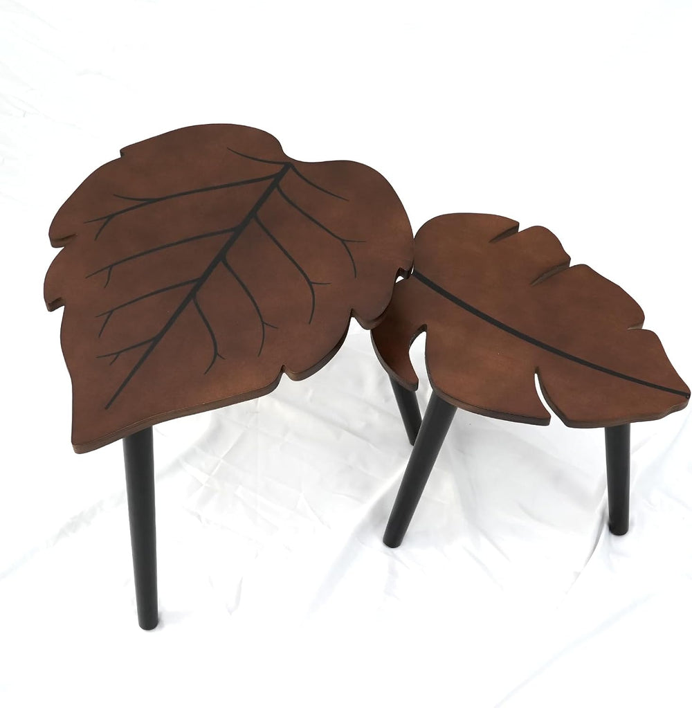 Nesting Coffee Table Set of 2, Monstera Leaf Wooden Side Table | Stacking Min...