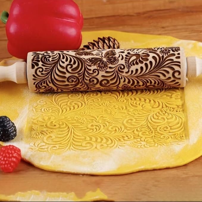 Floral Embossed Rolling Pins for Cookies, Wooden Engraved for Baking, Butterfly by Unknown