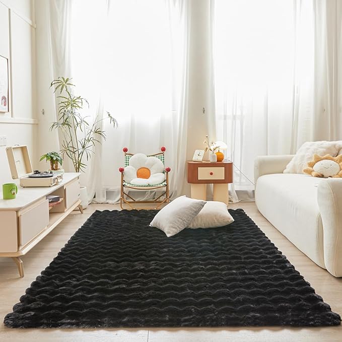 Black Rabbit Plush Rug 5'x8', Fluffy Faux Fur Shaggy Area Rug by CHOVY