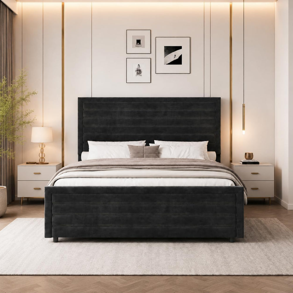 REVOMINCA Full Size Bed Frame with Velvet Upholstered Headboard,Black