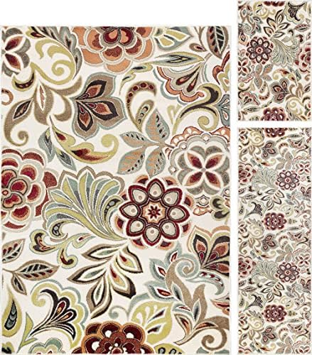 Dilek Transitional Floral Ivory 3-Piece Area Rug Set, 3-Piece Set