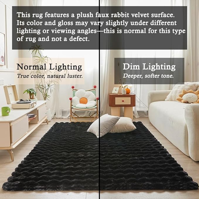Black Rabbit Plush Rug 5'x8', Fluffy Faux Fur Shaggy Area Rug - Image 3
