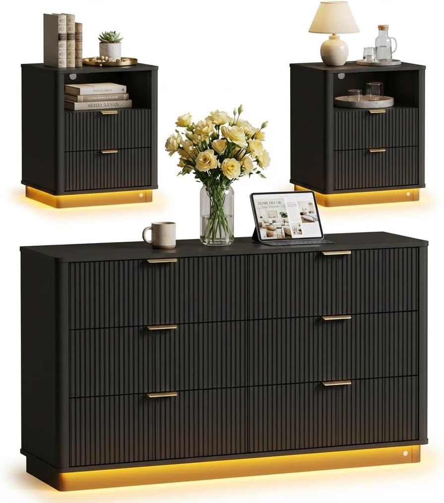 Dresser and Nightstand Sets 3 Piece, Bedroom Set with Charging Station, Large...