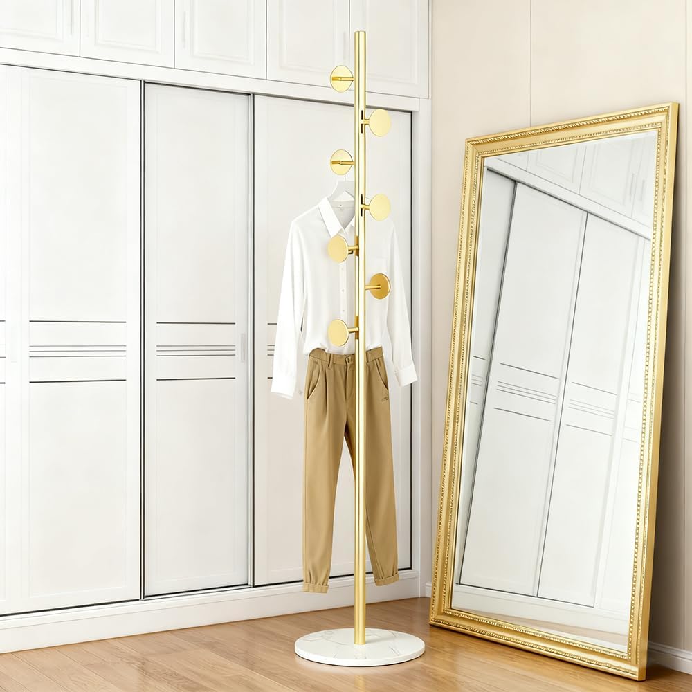Coat Rack Freestanding with Marble Rock Slab Base, Heavy Duty Sturdy Stable M...
