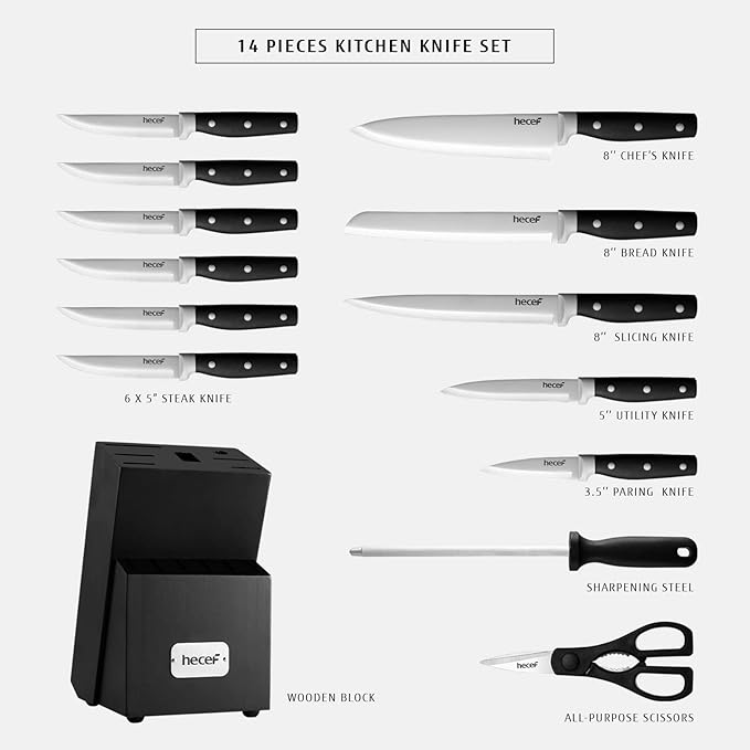 hecef Kitchen Knife Block Set, 14 Pieces Knife Set