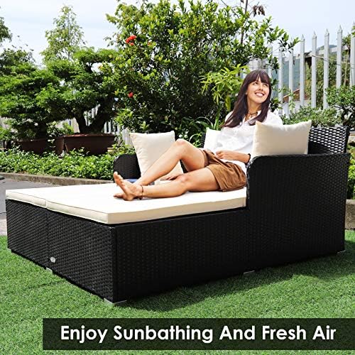 COSTWAY Outdoor Patio Rattan Daybed, Sponge Cushioned Loveseat Sofa