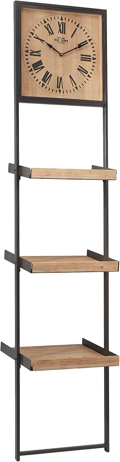 Deco 79 Wood 3 Shelves Wall Shelf with Clock, 16" x 10" x 72",...