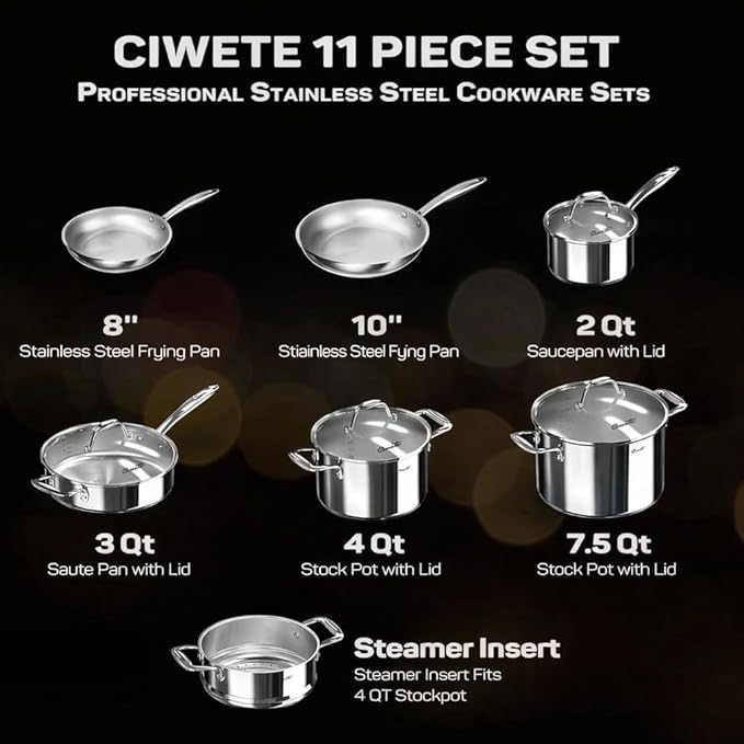 Ciwete 11-Piece Tri-Ply Stainless Steel Pots and Pans Set, 18/10 Stainless - Image 3