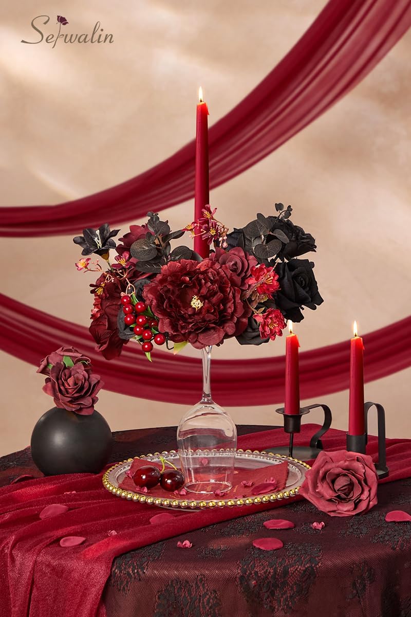 Serwalin Burgundy Black Artificial Flowers Combo, Silk Flowers for Wedding