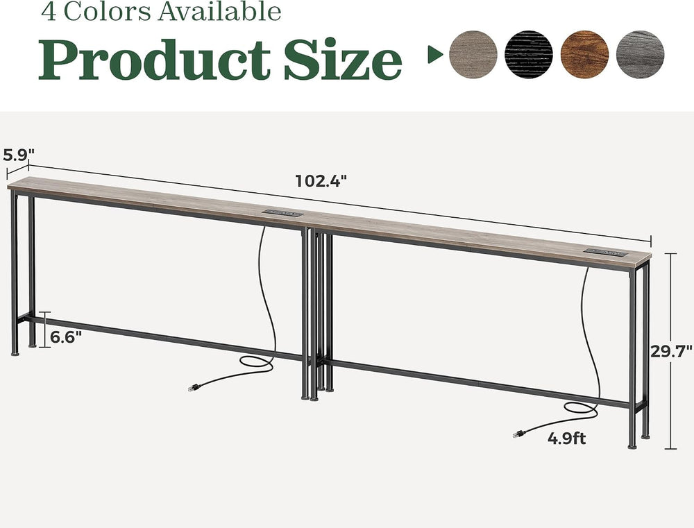 SUPERJARE 102.4 inch Narrow Behind Couch Table with Charging Stations
