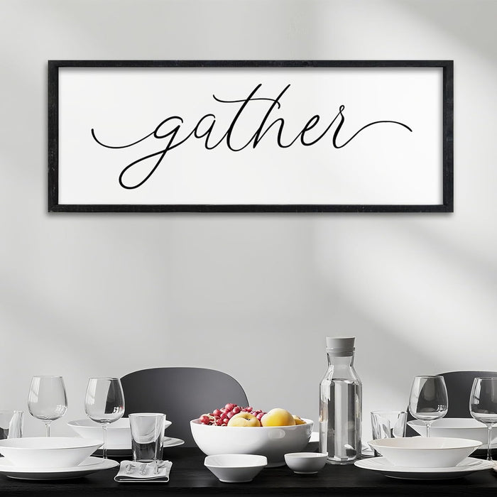 Surfapans Dining Room Wall Decor Gather Sign 32"×12" for Family Gathering Rustic Farmhouse Kitchen Vintage Simple Large Modern Plaque Wood Framed Home Horizontal Hanging Art (Black)