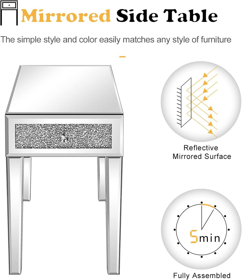 VINGLI Mirrored Narrow End Table Small Sofa/Couch/Bed Side Table with Storage...