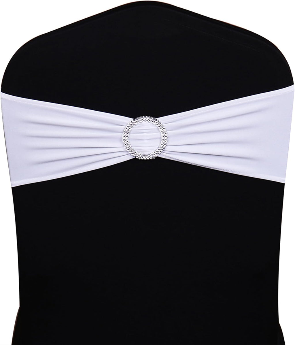 Pack of 50 Spandex White Chair Sashes for Wedding Stretch Chair Bows Bands for Party Birthday Ceremony Bridal Shower Engagement Christmas Events Decorations (White)