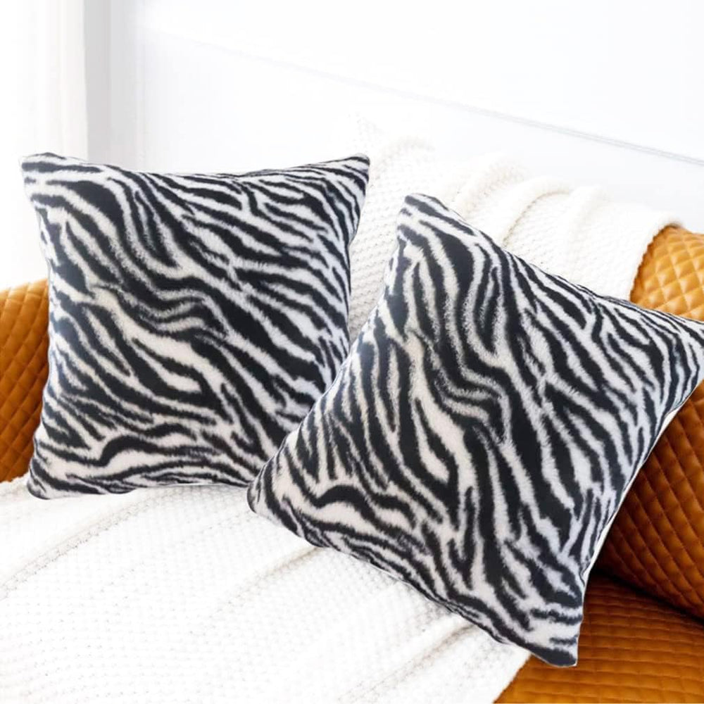 Black White Square Pillow Cover Soft Fluffy Fuzzy Faux Fur Zebra Stripe Throw...