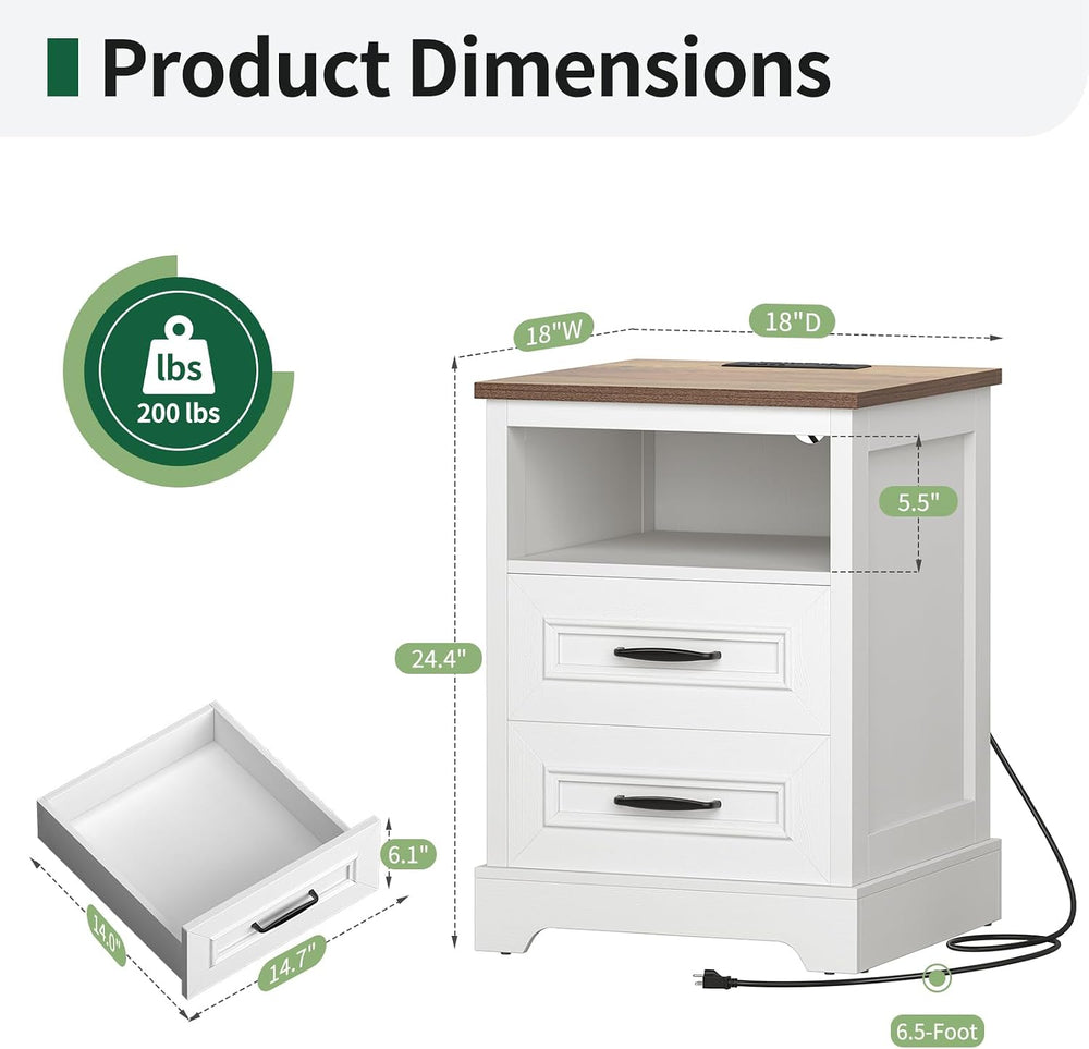 Farmhouse Nightstand with Charging Station, Wood Night Stand with Drawers, Be...