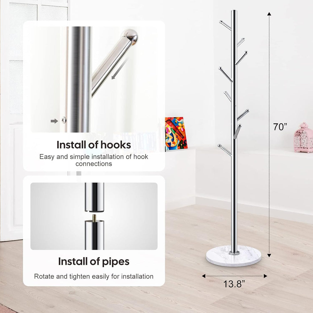Homde Metal Coat Rack Stand: Natural Marble Base with 8 Hooks (Silver) | Stai...