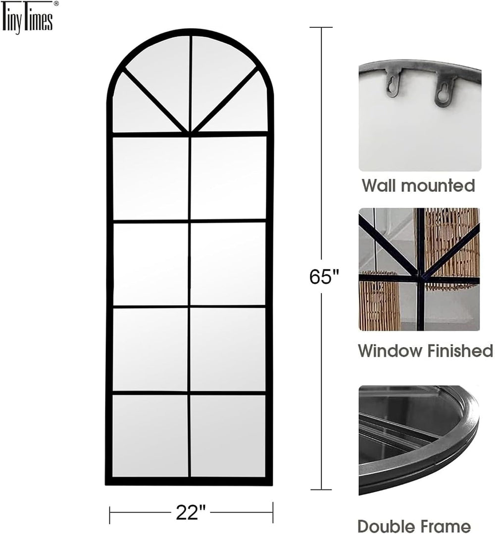 Windowpane Full Length Mirror, 65×22" Black Arch Body Wall Mirror