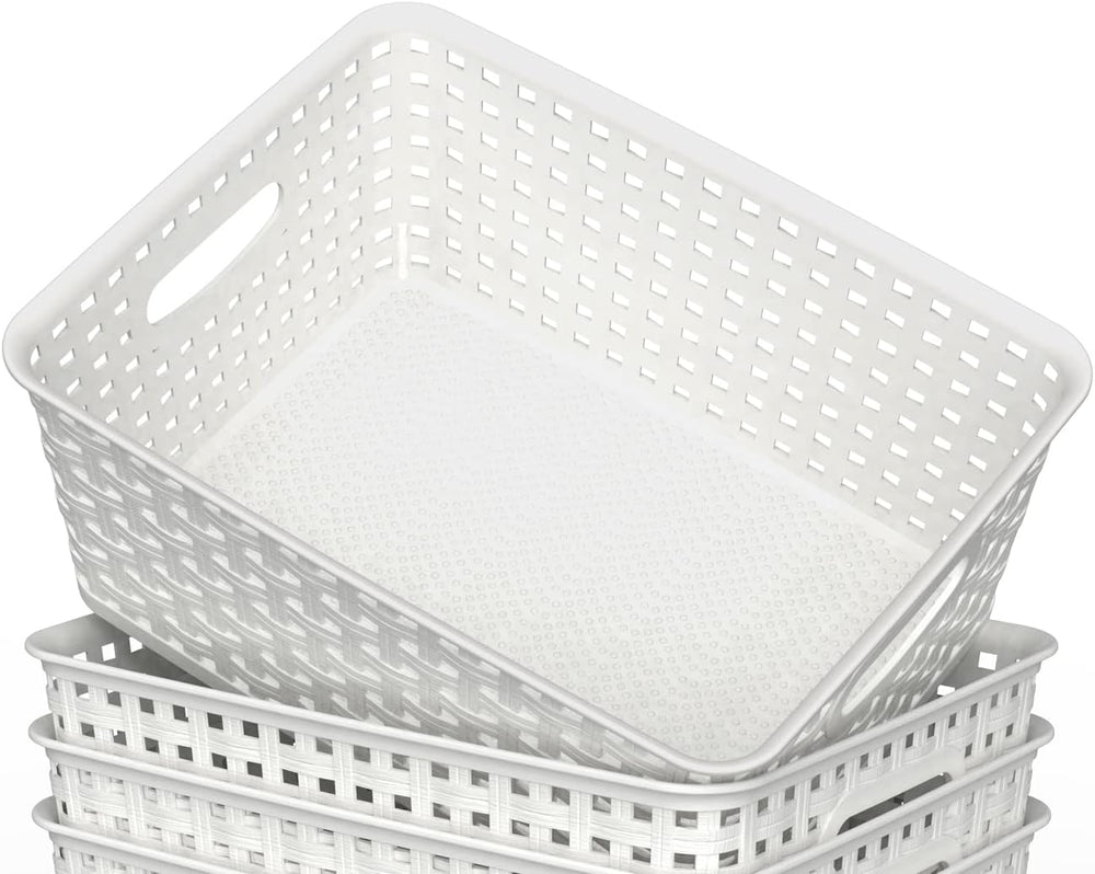 WYT 12-Pack Plastic Small Shelf Storage Weave Baskets for Organizing, White