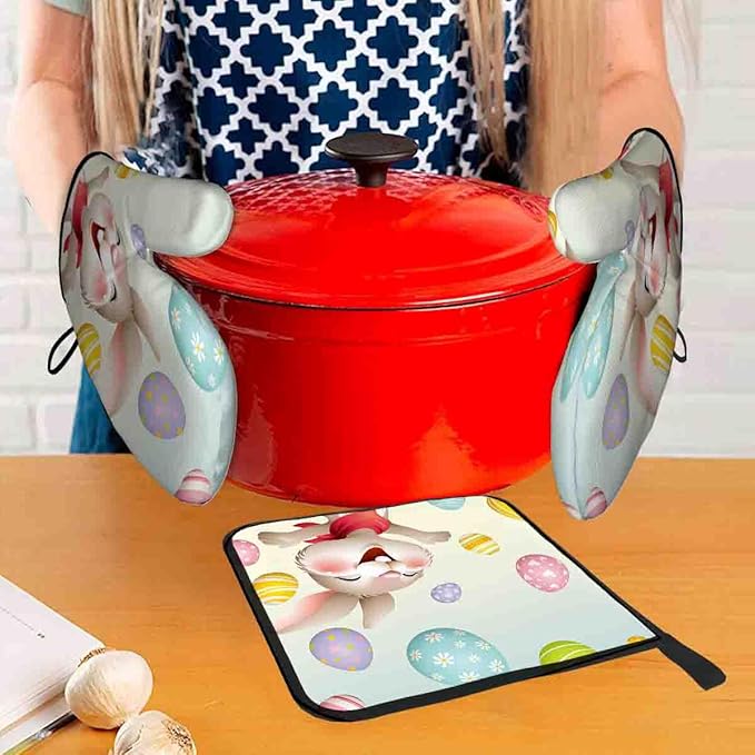 LOKMU Oven Mitts and Pot Holders Set of 3, Smiley Bunny - Image 6